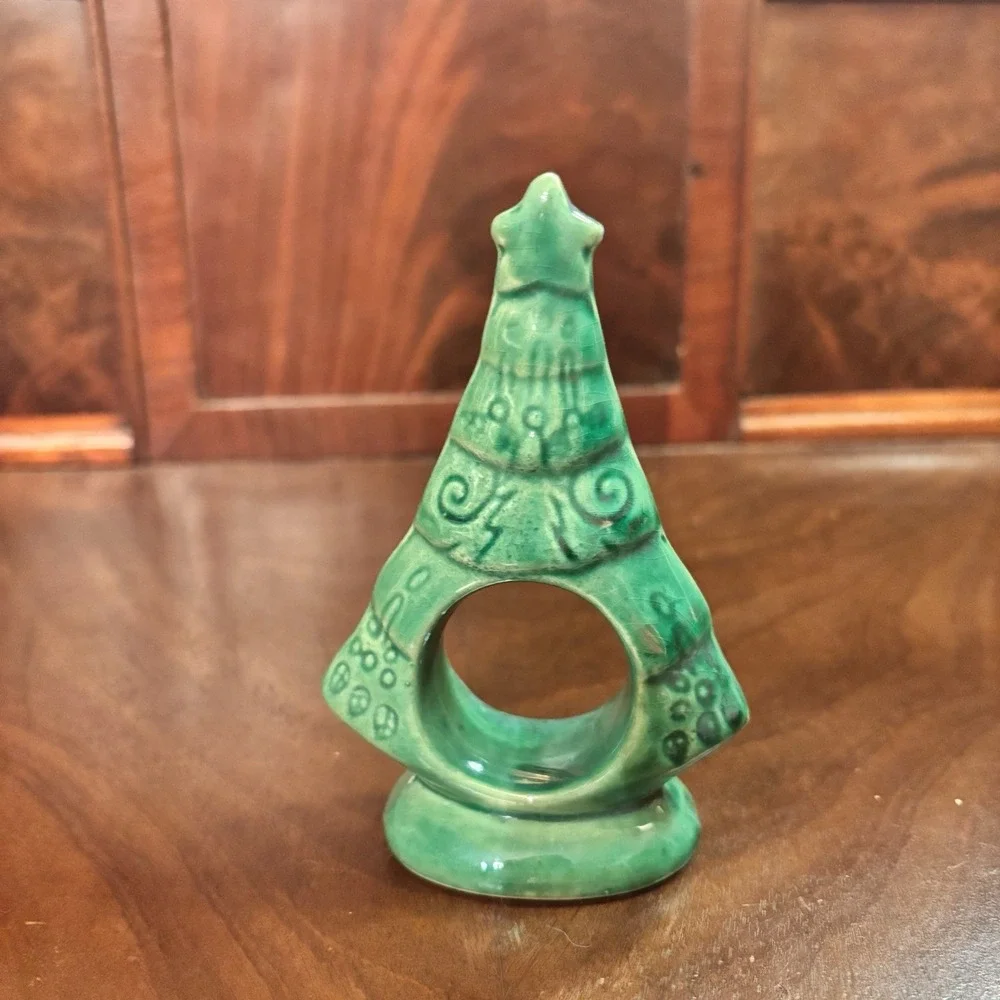 Vintage Christmas‎ Tree Napkin Rings Green Ceramic Set of 8 Holiday